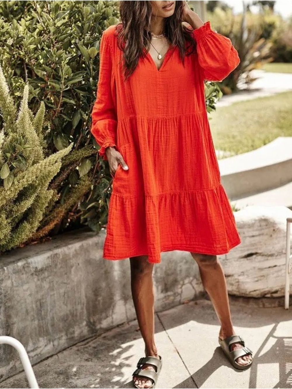 Velvet by Graham & Spencer Red Cotton Gauze Tiered Dress Women’s Size Medium